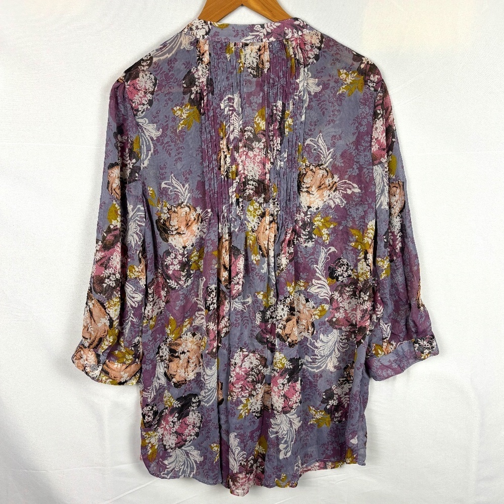 American Rag Women LongSleeve Roll Tab Tunic Blouse Sz L Floral Sheer Boho Gypsy - Picture 3 of 9